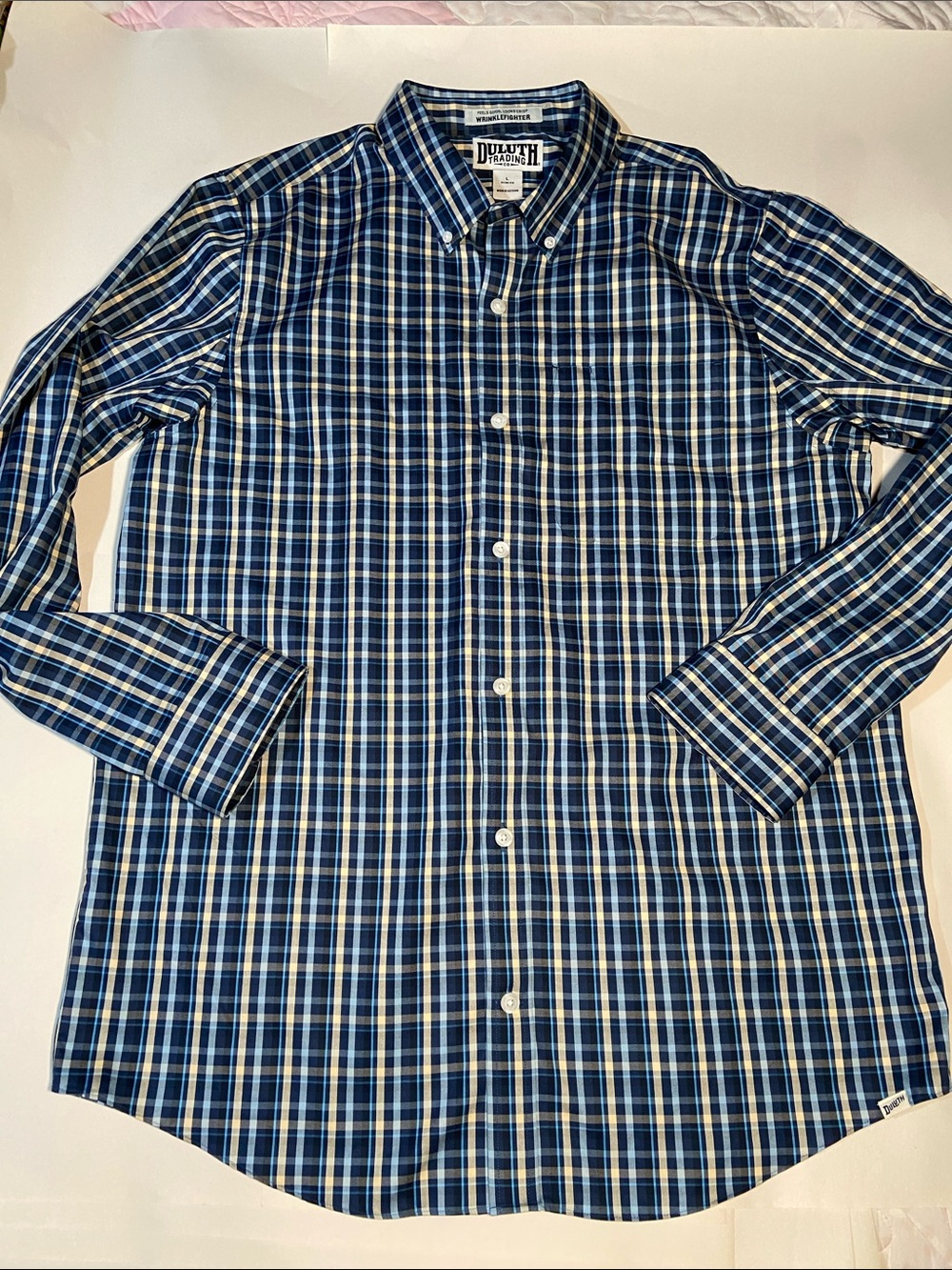 Duluth Trading Co. long-sleeve blue plaid button-down shirt 100% cotton